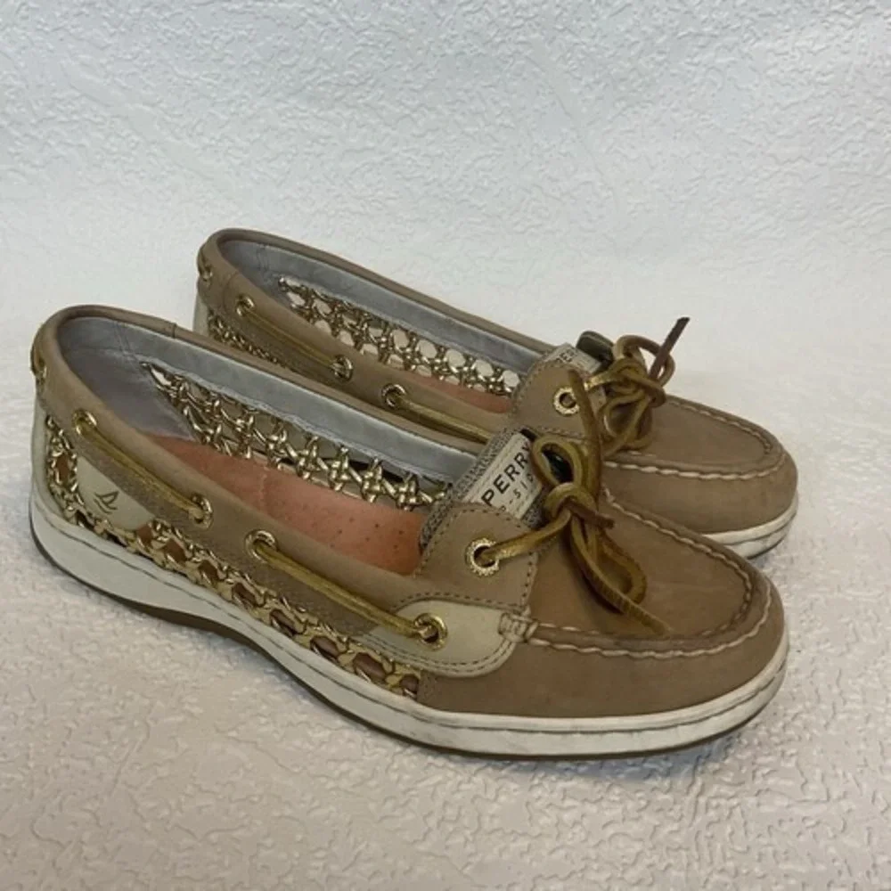 Sperry Top Sider Angelfish Tan/Gold Cage Boat Shoe Women 7M China Leather/Fabric